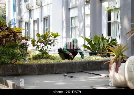 Garden workers in green clothes cleaning the garden in front of the gray building during the day Stock Photo