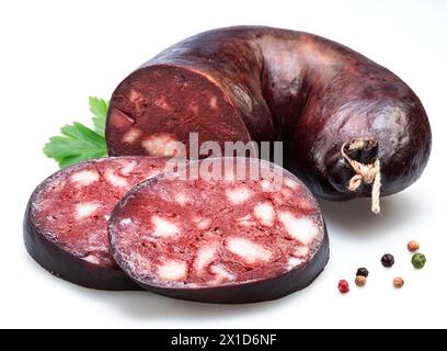 Blood sausage with suet pieces and parsley leaf isolated on white background. Stock Photo