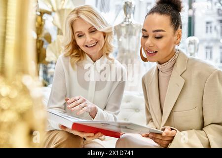 Two women sitting on a bench, immersed in a bridal magazine, discussing wedding details and admiring gown designs. Stock Photo