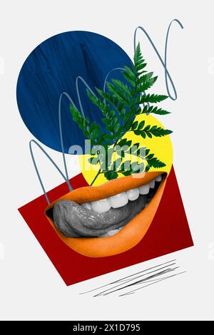 3D photo collage trend sketch image of pin up young flirty mouth lips smile flower nature plant leaves geometry elements circle doodle Stock Photo