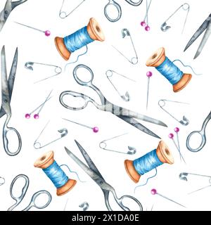 Scissors, blue spools of threads, safety pins, straight pins. Hand drawn watercolor seamless pattern on white background. For fabric, wrapping paper. Stock Photo