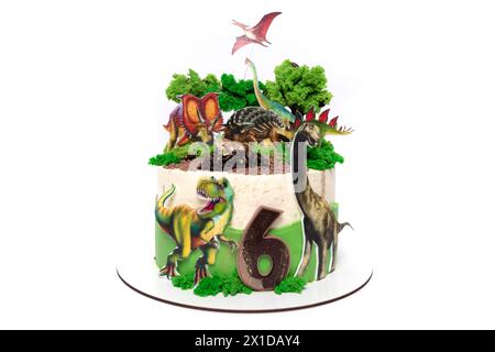 Dinosaur and Plant Decorated Birthday Cake Stock Photo