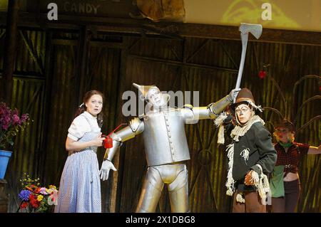 l-r: Sian Brooke (Dorothy Gale), Adam Cooper (Tin Man), Hilton McRae (Scarecrow) in THE WIZARD OF OZ at the Royal Festival Hall, Southbank Centre, London SE1  29/07/2008 after the novel by by L. Frank Baum  music & lyrics: Harold Arlen & E. Y. Harburg   adapted by John Kane for the RSC  design: Michael Vale  lighting: Mike Gunning  choreography: Nick Winston  director: Jude Kelly Stock Photo