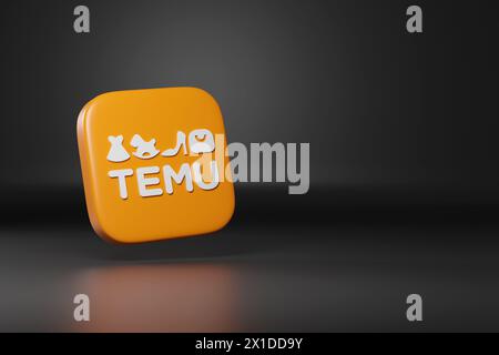 Buenos Aires, Argentina - April 3rd, 2024: Temu logo in three dimensions with copy space. 3d illustration. Stock Photo