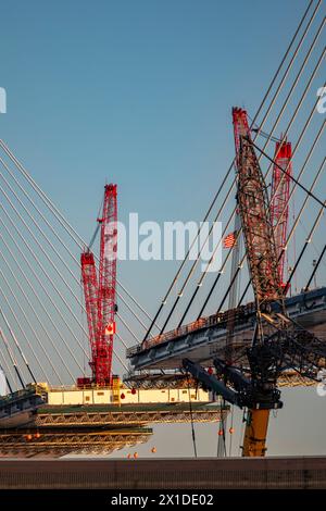 Detroit, Michigan, USA. 15th Apr, 2024. Construction of the Gordie Howe International Bridge. The bridge will link Detroit with Windsor, Ontario across the Detroit River. Credit: Jim West/Alamy Live News Stock Photo