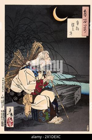 Tsukioka Yoshitoshi (1839 bis 9. Juni 1892) einer der letzten großen Meister des klassischen japanischen Farbholzschnitt, hier das Werk  Gravemarker Moon Stock Photo