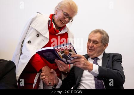 Prague, Czech Republic. 16th Apr, 2024. Launch of Lubos Prochazka and Radim Panenka's book The Conspiracy about hospitalisation of former Czech president Milos Zeman (right) in the Central Military Hospital after 2021 elections, was held in Prague, Czech Republic, on April 16, 2024. Credit: Ondrej Deml/CTK Photo/Alamy Live News Stock Photo