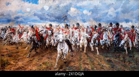 Lady Elizabeth Butler. Painting entitled 'Scotland Forever' by Elizabeth Southerden Thompson (1846-1933), oil on canvas, 1881. The image depicts the Scots Greys advancing at the Battle of Waterloo. Stock Photo