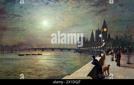 Painting entitled 'Reflections on the Thames, Westminster' by John Atkinson Grimshaw (1836-1893), oil on canvas, 1880 Stock Photo