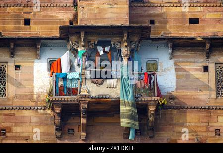 Painted apartment in an old palace overlooking the Ganges River at Varanasi, India Stock Photo