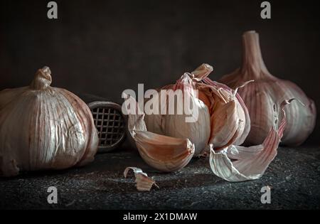 Garlic bulbs ( Allium sativum ) with garlic press on stone base with dark background Stock Photo