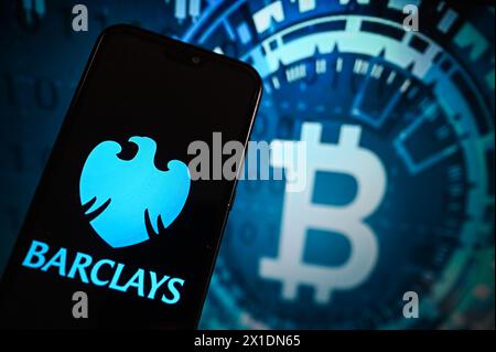 Poland. 16th Apr, 2024. In this photo illustration, a Barclays logo is displayed on a smartphone with a Bitcoin logo in the background. (Photo by Omar Marques/SOPA Images/Sipa USA) *** Strictly for editorial news purposes only *** Credit: Sipa USA/Alamy Live News Stock Photo