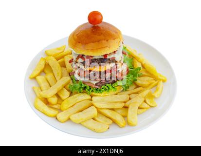 Double classic hamburger of beef meat fried sausage lettuce leaves fried fries. Isolated on white background. Stock Photo