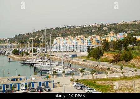 colourful apartment buildings surround the Marina de Albufeira, Albufeira, Algarve, Portugal, Europe Stock Photo