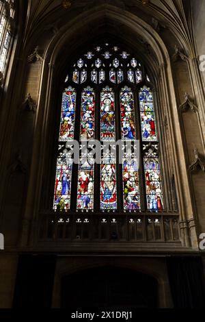 Bristol, England- March 29, 2024: Colorful stained glass window in St. Mary Redcliffe church Stock Photo