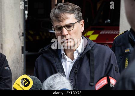 Former Danish Minister of Culture and current CEO of Danish Business, Brian Mikkelsen speaks at a press conference with the authorities in connection with the Stock Exchange Boersen burning in Copenhagen on Tuesday, April 16, 2024 Copenhagen Bag Radhuset Denmark Copyright: xKristianxTuxenxLadegaardxBergx 2E6A9982 Stock Photo