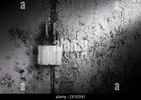 Old rusty lock on metal doors. Lock on the door with an empty place for an inscription Stock Photo