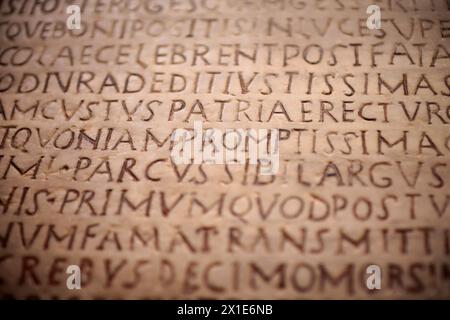 Latin epitaph for Pantagathus on marble plaque, from former south-east Gaul (possibly c. 515 AD). Displayed at Lapidary Museum, Avignon, France. Stock Photo