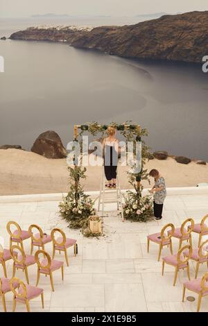 Wedding preparation, florist decoration at caldera santorini greece Stock Photo