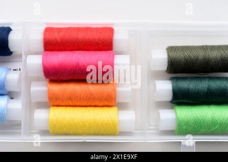 Multicolored skeins of thread in the set. The threads are in a plastic box. Stock Photo