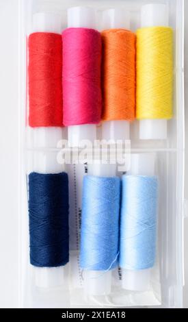 Multicolored skeins of thread in the set. The threads are in a plastic box. Stock Photo