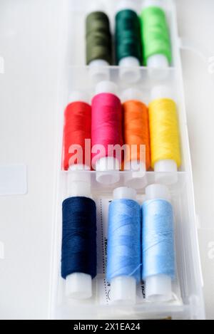 Multicolored skeins of thread in the set. The threads are in a plastic box. Stock Photo