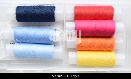 Multicolored skeins of thread in the set. The threads are in a plastic box. Stock Photo