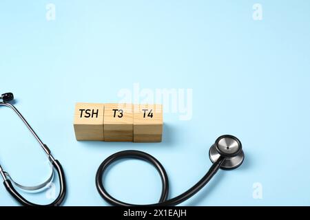 Endocrinology. Stethoscope and wooden cubes with thyroid hormones on light blue background. Space for text Stock Photo