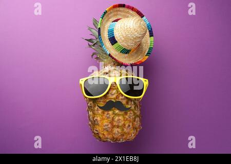 Pineapple with Mexican sombrero hat, fake mustache and sunglasses on purple background, flat lay Stock Photo