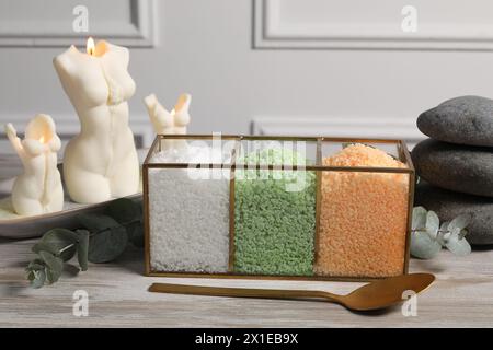 Different types of sea salt, spoon, spa stones, candles and eucalyptus branches on wooden table Stock Photo