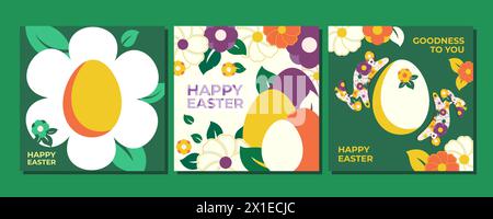 3 abstract templates for happy Easter day. Bright, spring design with bunnies, flowers and Easter eggs. Stock Vector