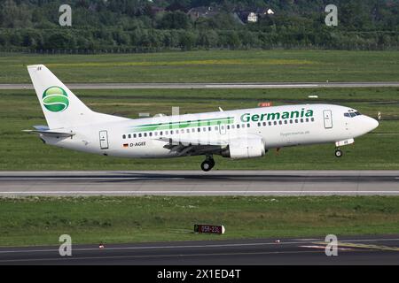 German Germania Boeing 737-300 with registration D-AGEE on short final for Dusseldorf Airport Stock Photo