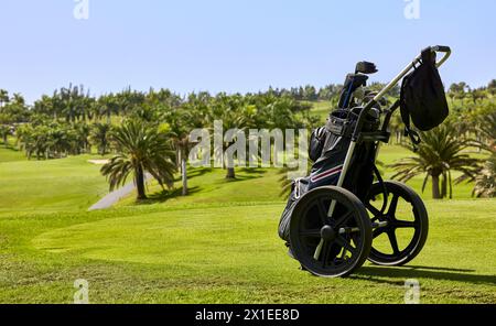 Golf bag and golf clubs in the fairway of a golf course, parked at the edge of the green Stock Photo