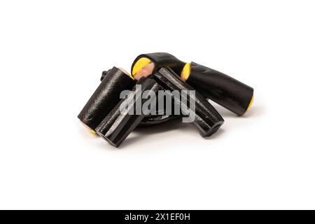 Jelly anise candy isolated on a white background. Black jelly candies. Top view. Delicious gelatin candies. Stock Photo