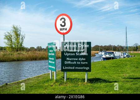 Upton, Norfolk, UK – April 14 2024. The sign at the entrance to Upton Dyke on the Bure River in the heart of the Norfolk Broads National Park Stock Photo