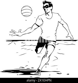 Illustration Of A Man Playing Volleyball On The Beach. Vector 