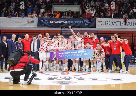 Zagreb, Croatia. 16th Apr, 2024. Players of Croatia celebrating after they qualified for the FIFA World Cup Futsal 2024 after winning match between Croatia and Poland at KC Drazen Petrovic hall on April 16, in Zagreb, Croatia. Photo: Luka Stanzl/PIXSELL Credit: Pixsell/Alamy Live News Stock Photo