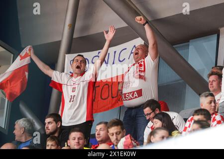 Zagreb, Croatia. 16th Apr, 2024. Fans of Poland cheer during the futsal World Cup Elite round play off 2nd leg match between Croatia and Poland at KC Drazen Petrovic hall on April 16, in Zagreb, Croatia. Photo: Luka Stanzl/PIXSELL Credit: Pixsell/Alamy Live News Stock Photo