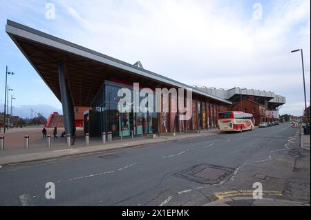 England, Liverpool - December 29, 2023: The LFC Official Club Store in front of the Anfield Stadium. Stock Photo