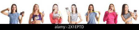 Set of young women with sweet chocolate and measuring tapes on white background Stock Photo