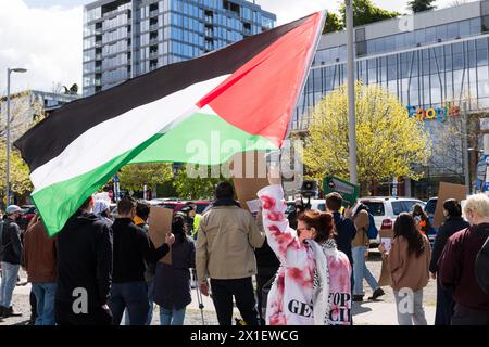 Seattle, USA. 16th Apr 2024. Pro Palestine Protestors gathered in the heart of the Seattle tech district just after 11:00am in the South Lake Union Park for the No Tech For Genocide Demand Google Cut Ties With Israel. Protestors gathered for speeches and then marched around the Google campus. Activists have been gathering in Seattle for months calling for an immediate ceasefire in Gaza. Rallies and protests have been worldwide following the ongoing conflict. Credit: James Anderson/Alamy Live News Stock Photo