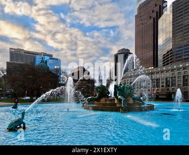 Water cascades through the Swann Memorial Fountain in Philadelphia's Logan Square. Stock Photo