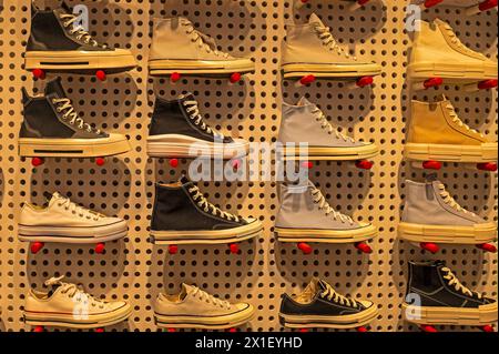 Shoes on display in a shoe shop. Stock Photo