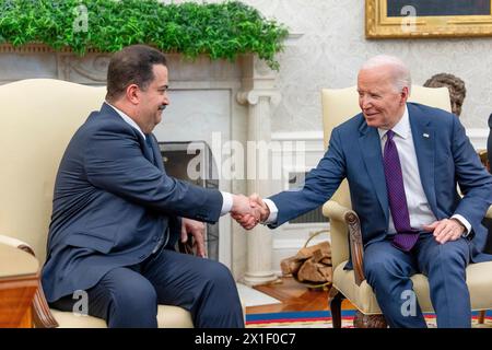 Washington, United States Of America. 15th Apr, 2024. Washington, United States of America. 15 April, 2024. U.S President Joe Biden shakes hands with Iraqi Prime Minister Mohammed Shia al-Sudani, left, at the start of a bilateral meeting in the Oval Office of the White House, April 15, 2024 in Washington, DC Credit: Adam Schultz/White House Photo/Alamy Live News Stock Photo