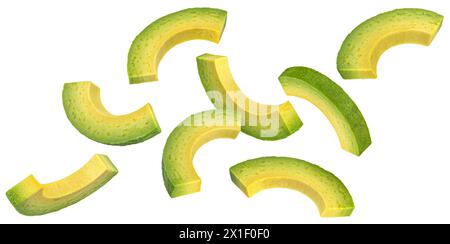 Falling avocado slices isolated on white background Stock Photo