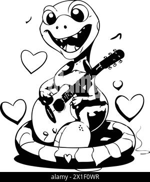 Cute crocodile with guitar and hearts. Vector cartoon illustration. Stock Vector