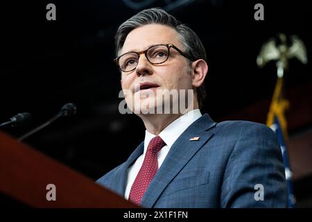 Washington, United States. 16th Apr, 2024. House Speaker Mike Johnson (R-LA) speaks at a press conference at the U.S. Capitol. Credit: SOPA Images Limited/Alamy Live News Stock Photo