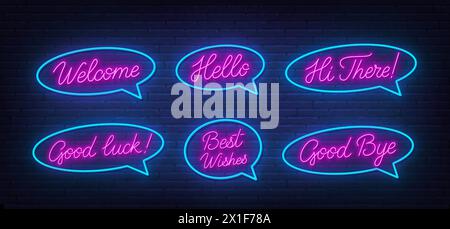 Welcome, Hello, Hi There, Good Luck, Best Wishes, Good Bye Neon Script Quotes on brick wall  background. Stock Vector