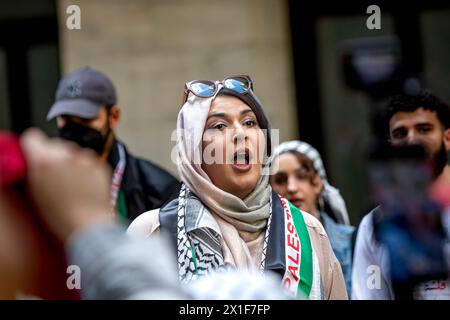 New York, United States. 15th Apr, 2024. Within Our Lifetime Chair, Nerdeen Kiswani speaks during a Pro-Palestinian protest outside of the New York Stock Exchange (NYSE). (Photo by Michael Nigro/Pacific Press) Credit: Pacific Press Media Production Corp./Alamy Live News Stock Photo