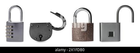 Different padlocks isolated on white, set of photos Stock Photo